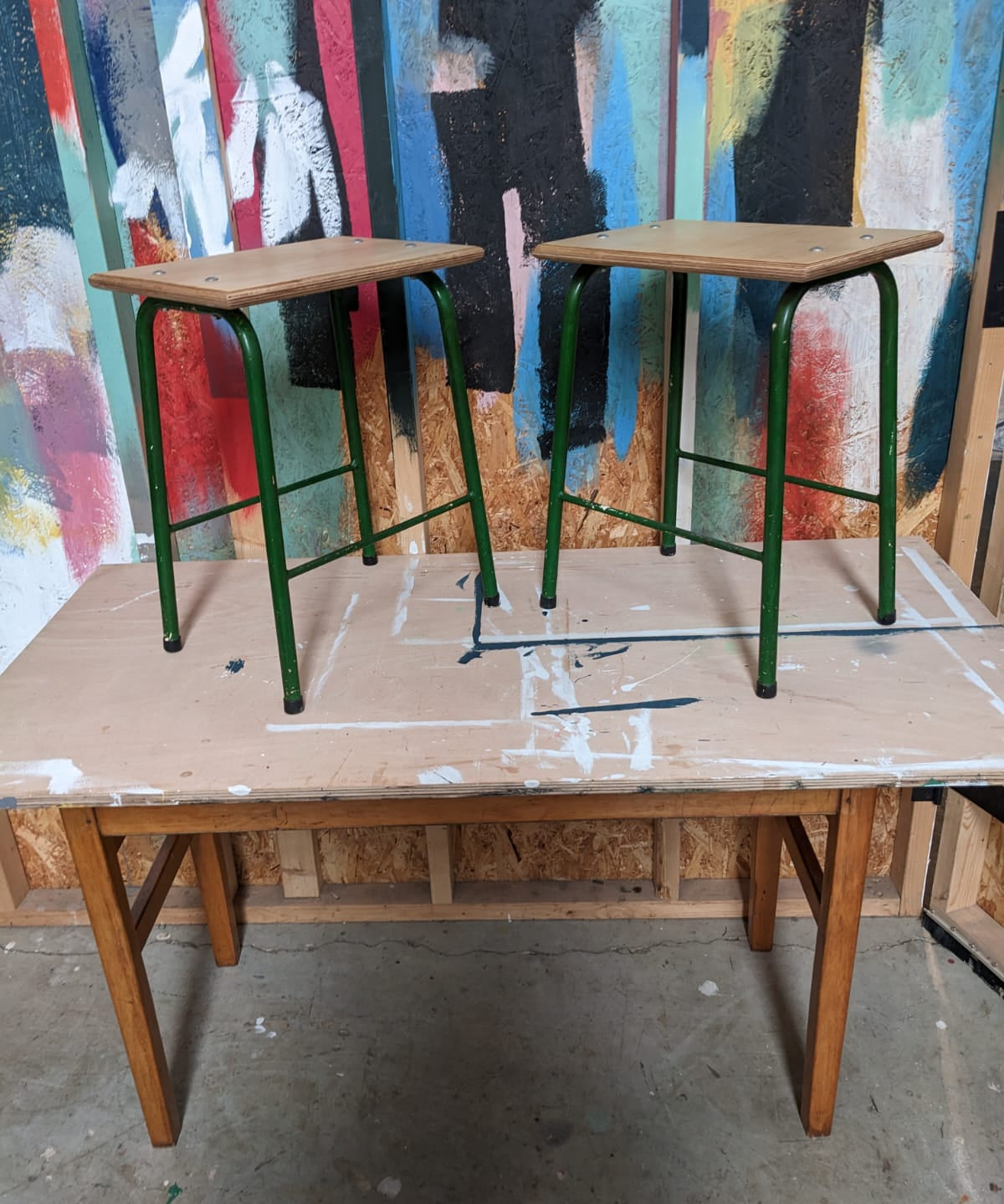Two Metal Legged Stools with Birch Ply Tops