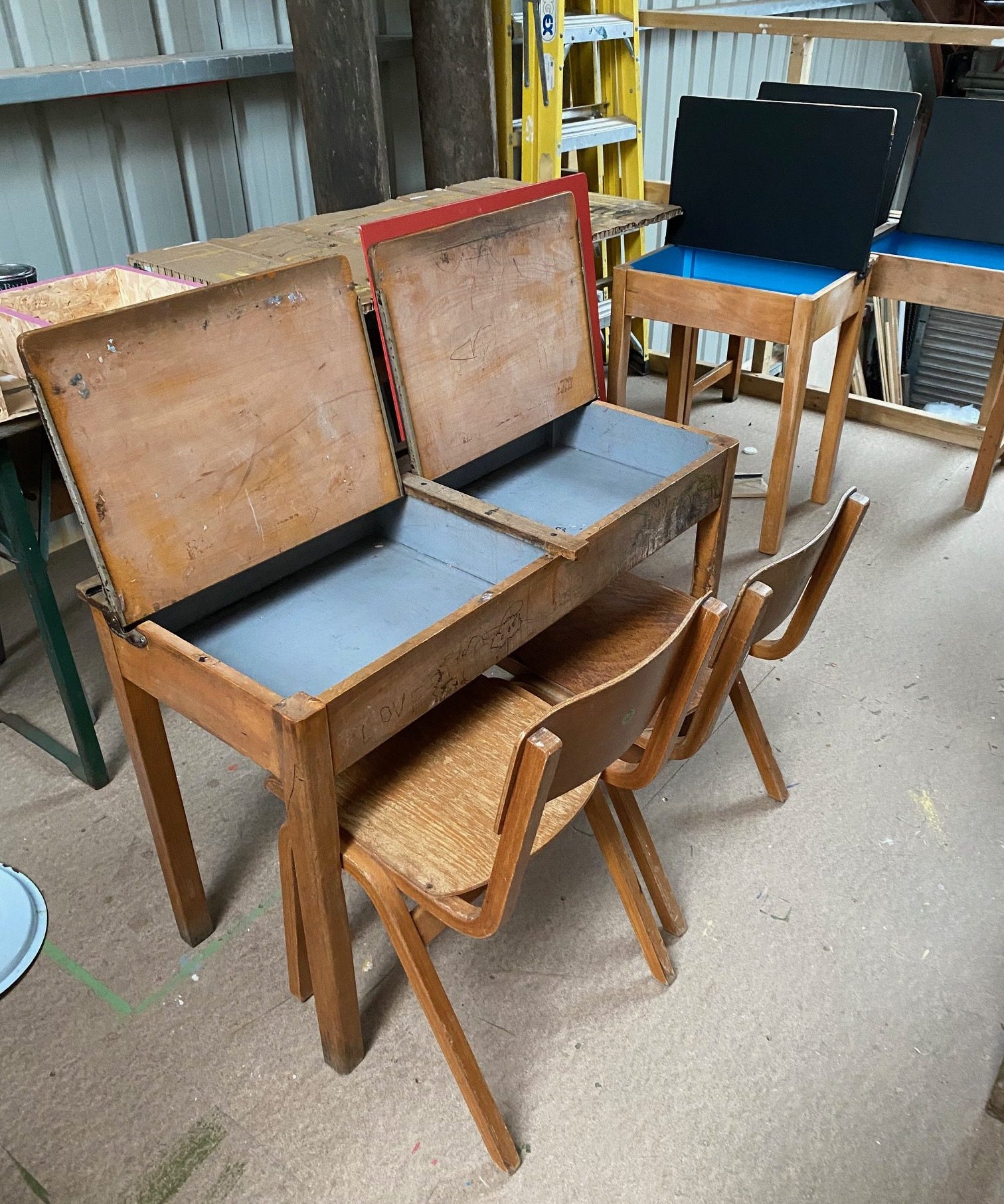Double desk and Two Wooden Chairs