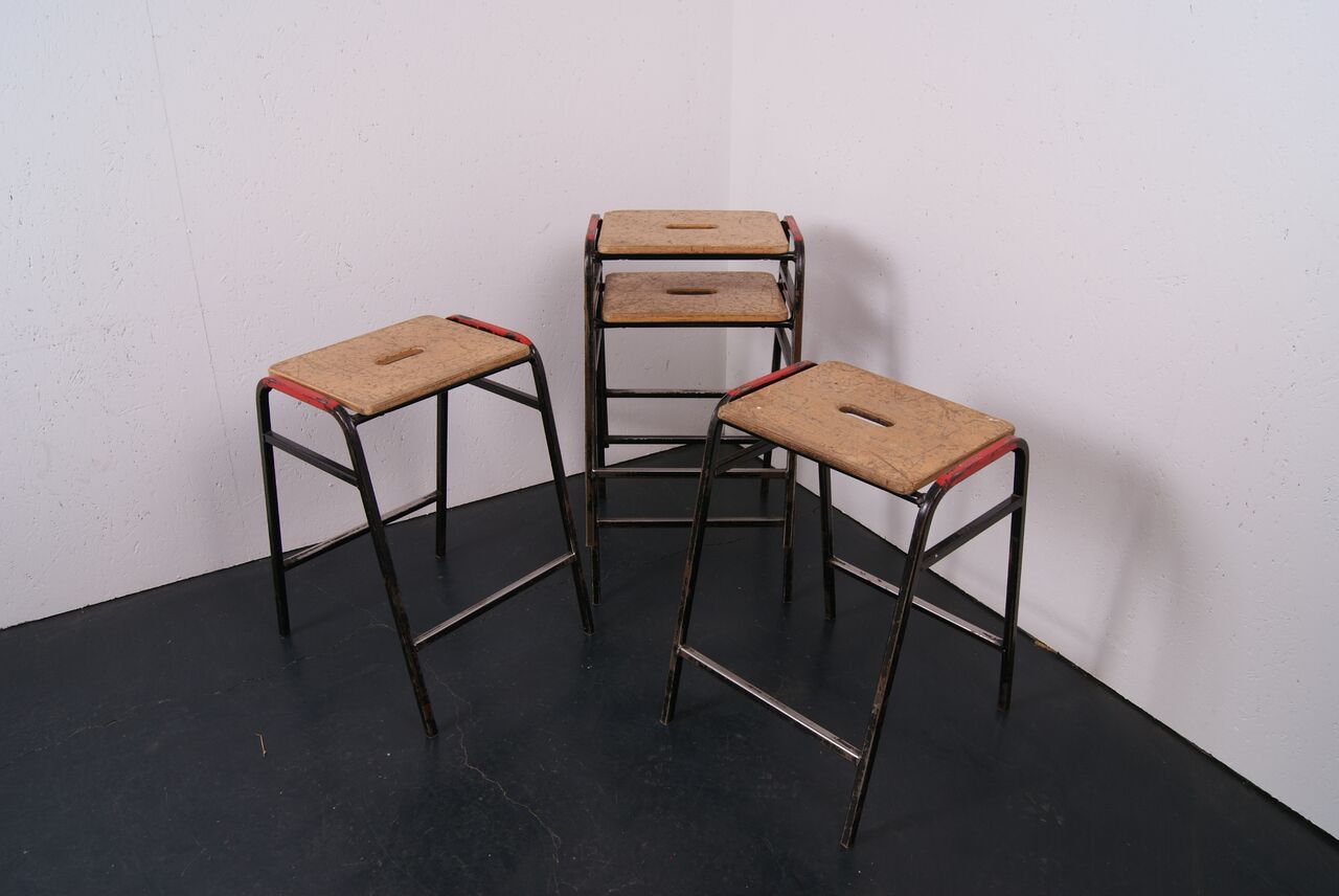 Children's Black Metal Lab Stools with Wooden Seat