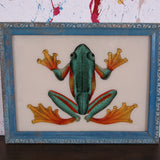 Frog Picture with Vintage Blue Wooden Frame