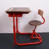 Children's Red Metal Legged Adjustable Desk and Attached Chair