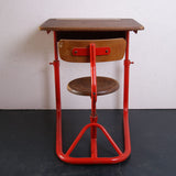 Children's Red Metal Legged Adjustable Desk and Attached Chair