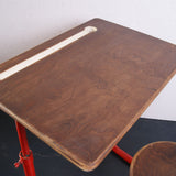 Children's Red Metal Legged Adjustable Desk and Attached Chair