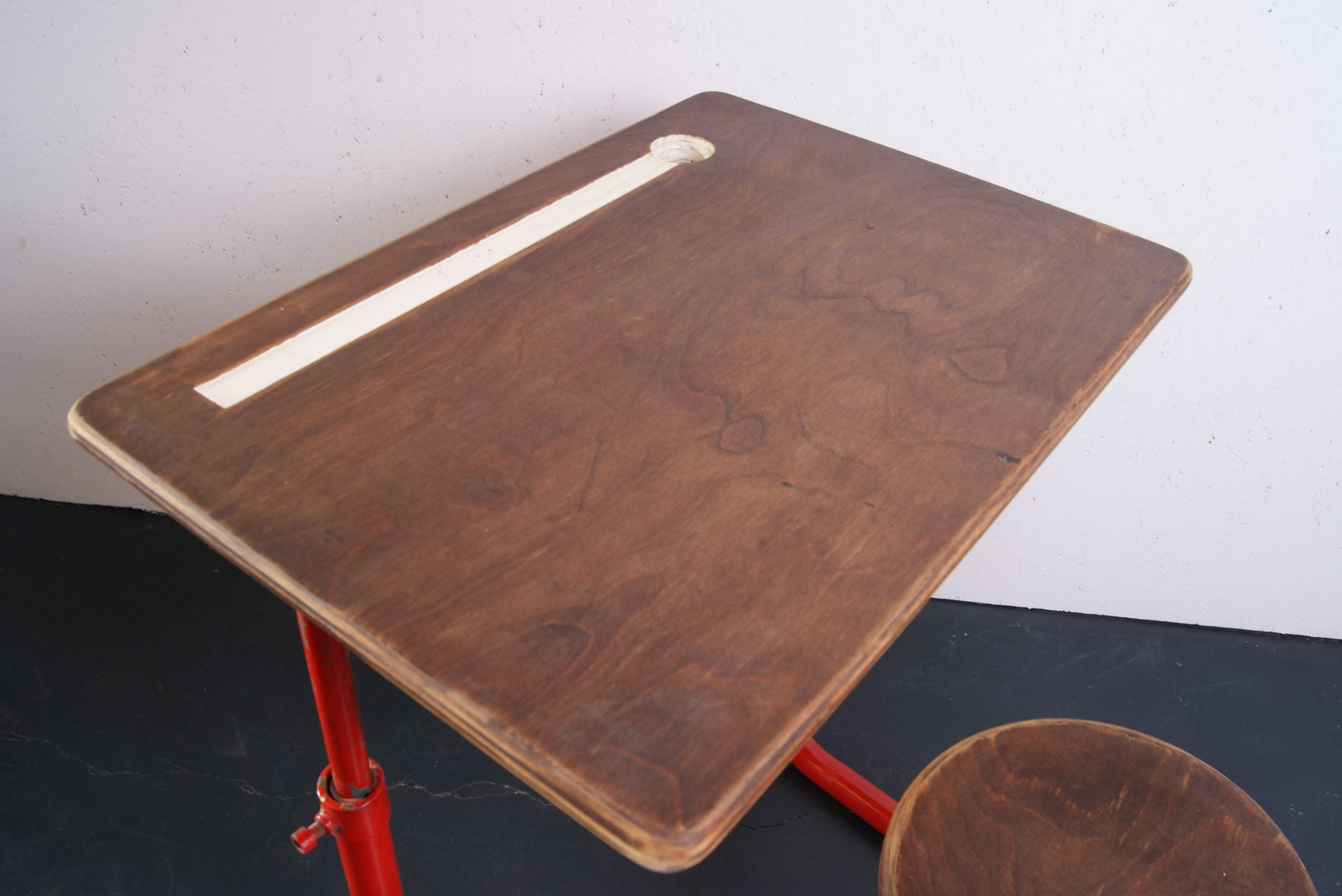 Children's Red Metal Legged Adjustable Desk and Attached Chair