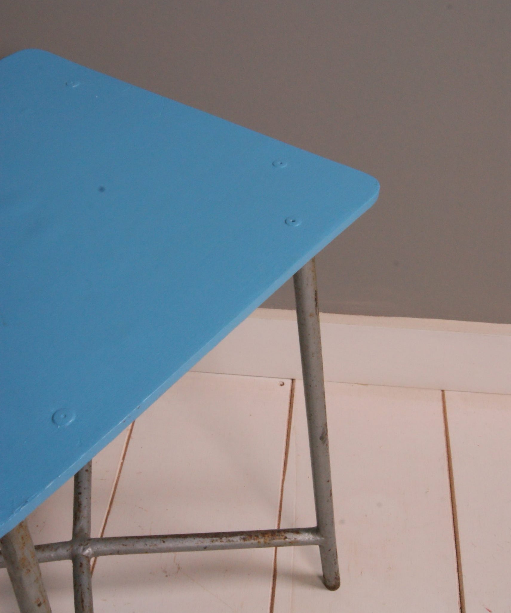 Children's Vintage Polish Army Stool/Table with Light Blue Wooden Top