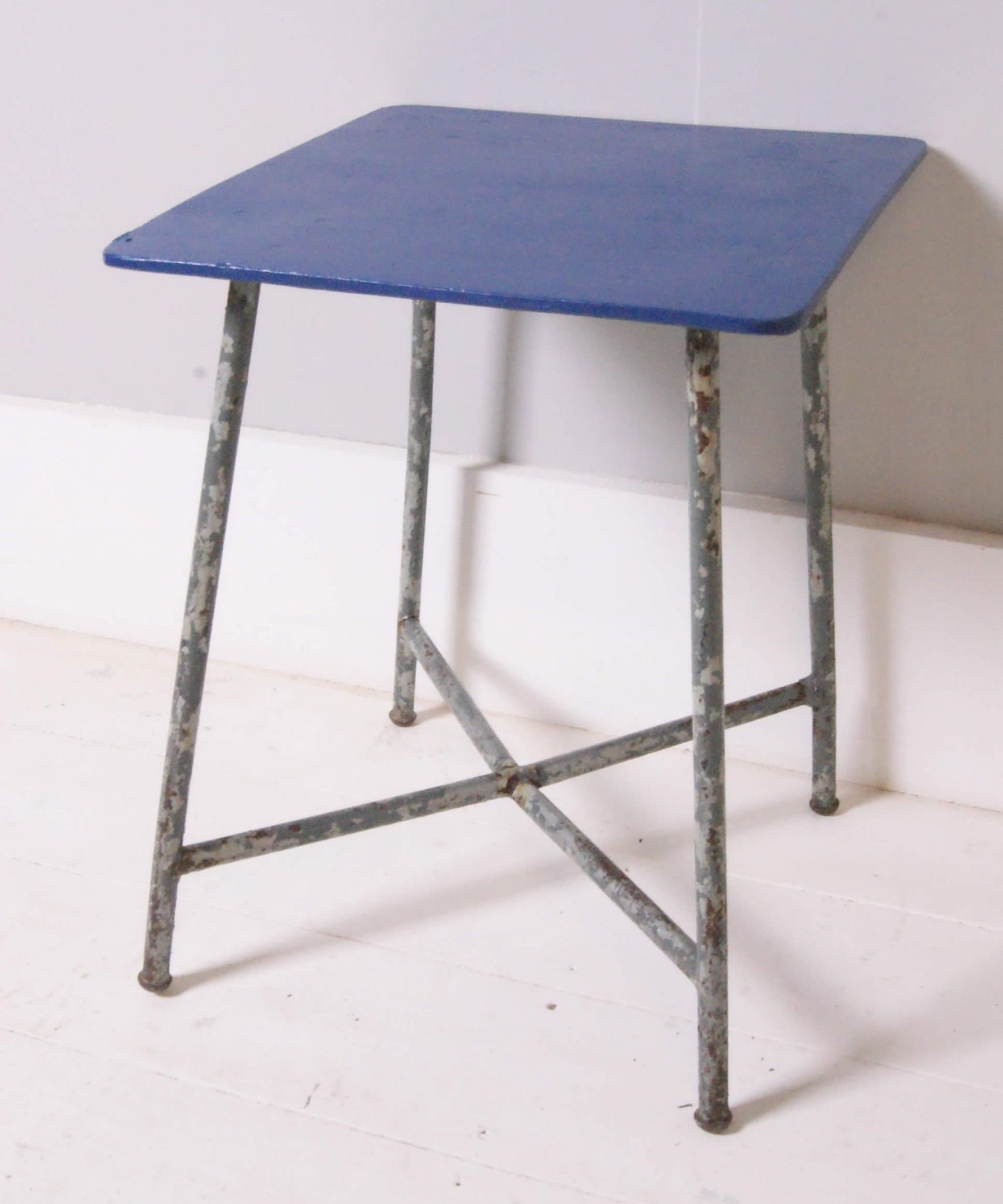 Children's Vintage Army Stool with Blue Wooden Top