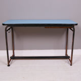 Children's Vintage French Metal Legged Double Desk with Blue Top, Footrest and Storage Drawer