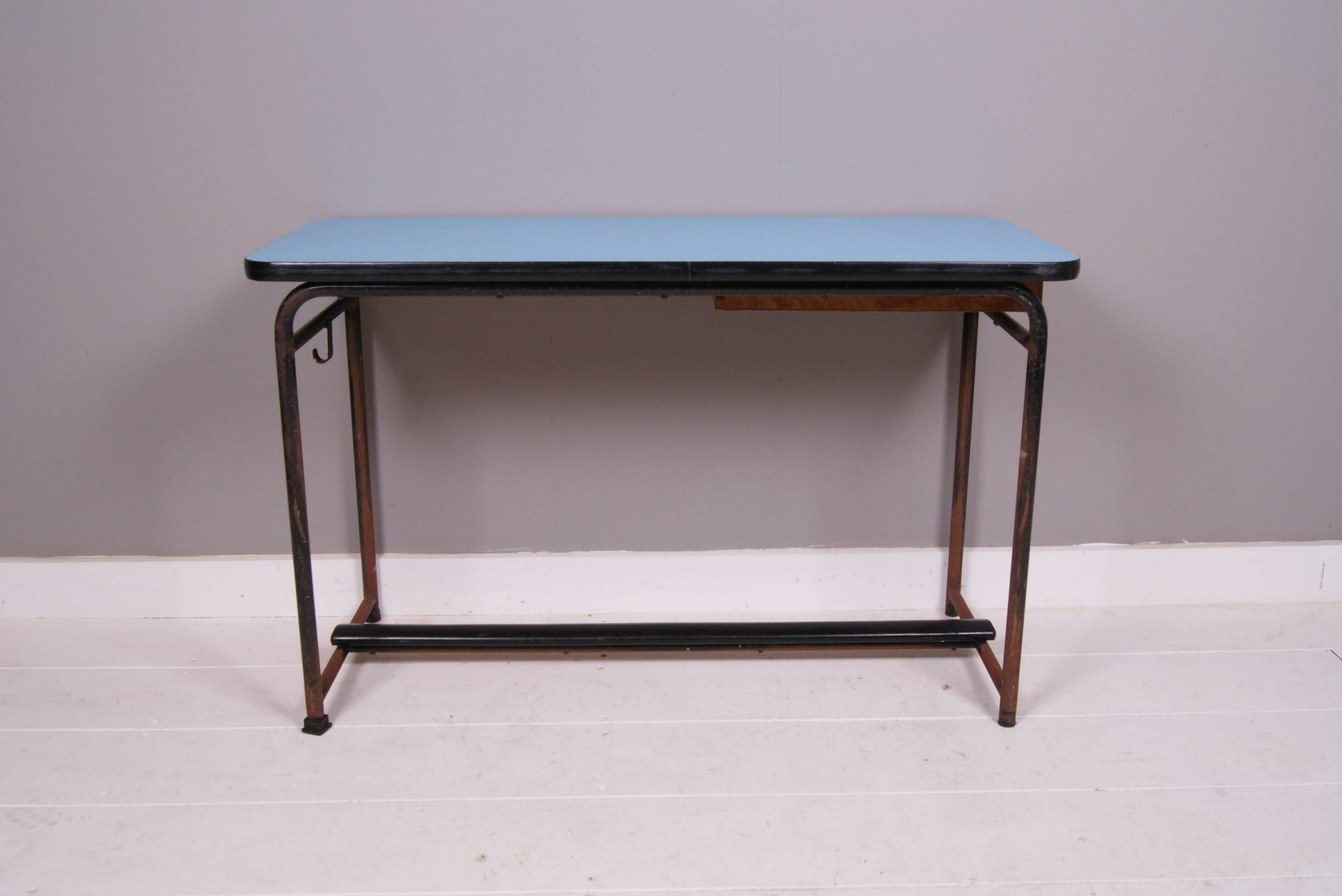 Children's Vintage French Metal Legged Double Desk with Blue Top, Footrest and Storage Drawer