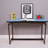 Children's Vintage French Metal Legged Double Desk with Blue Top, Footrest and Storage Drawer