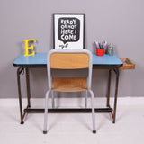 Children's Vintage French Metal Legged Double Desk with Blue Top, Footrest and Storage Drawer