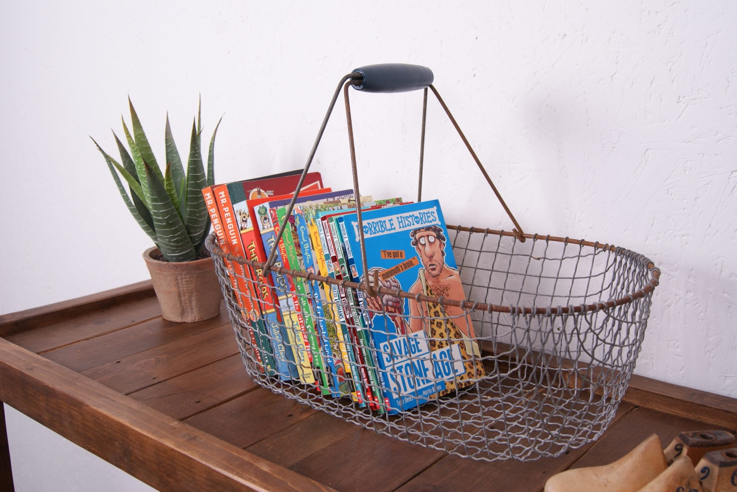 Children's Wire Basket with Blue Wooden Handle