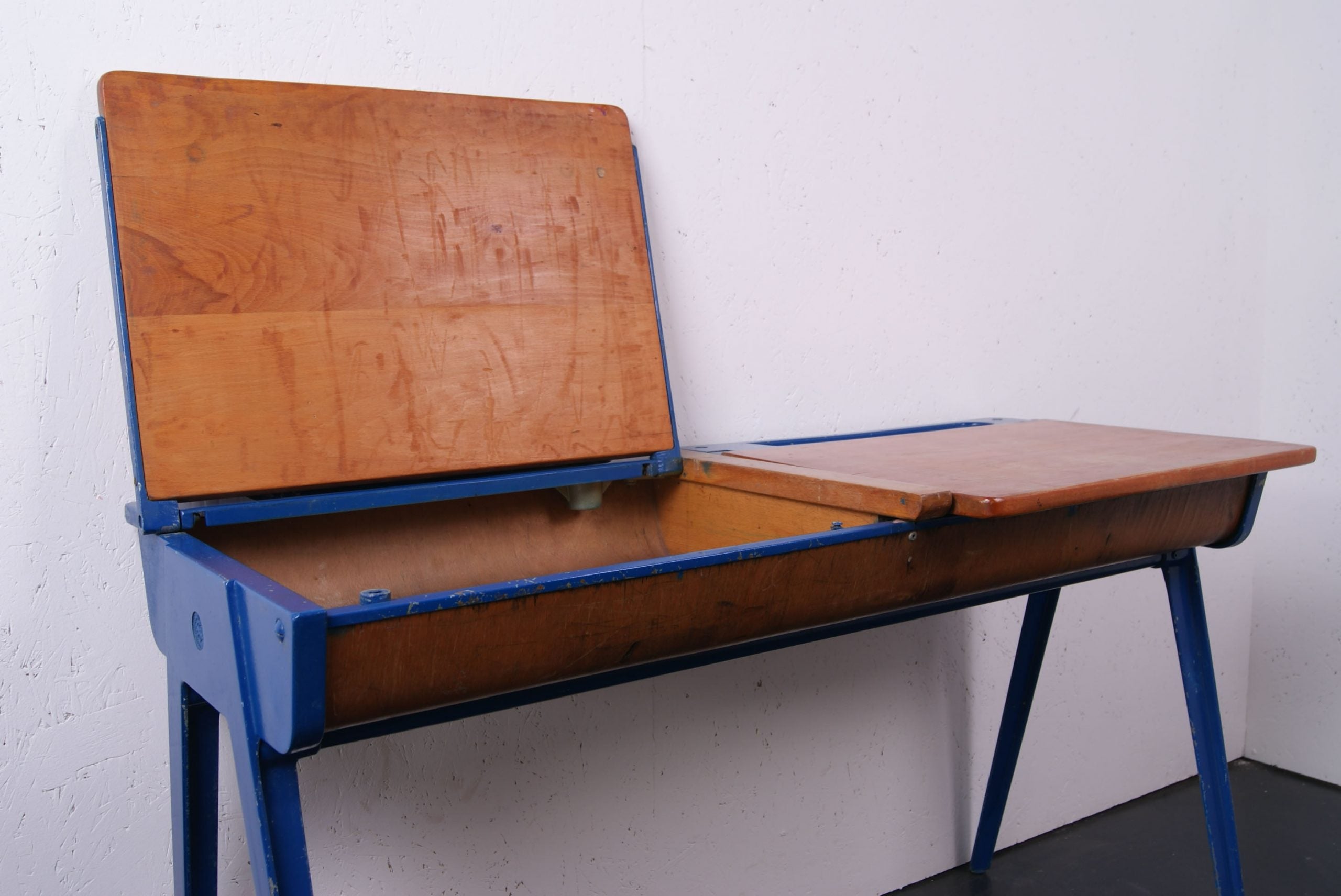 Children's Blue Metal Legged Esavian Double Desk with Lift up Lids