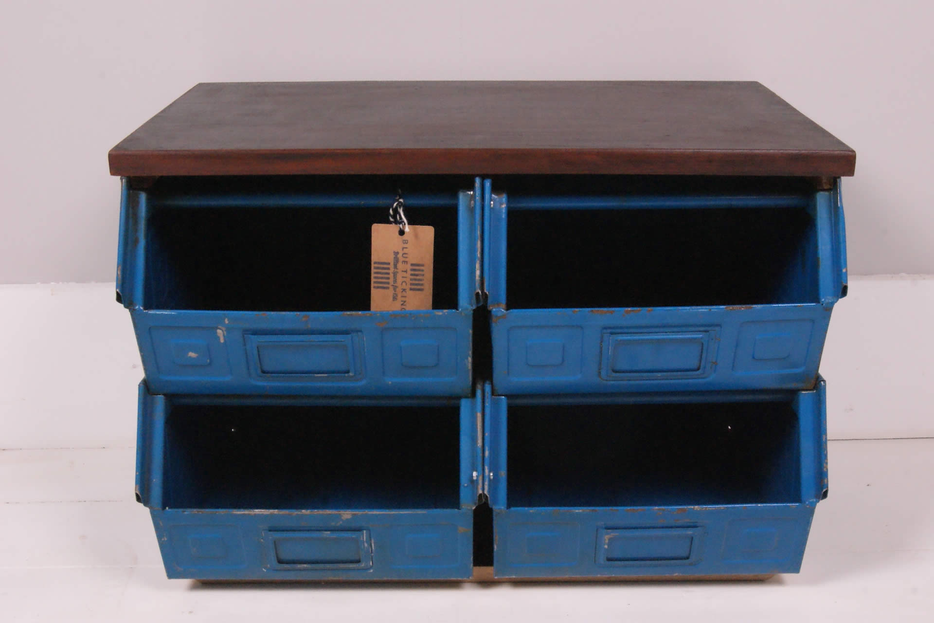 Children's Blue Metal Crate Storage Unit with Wooden Top