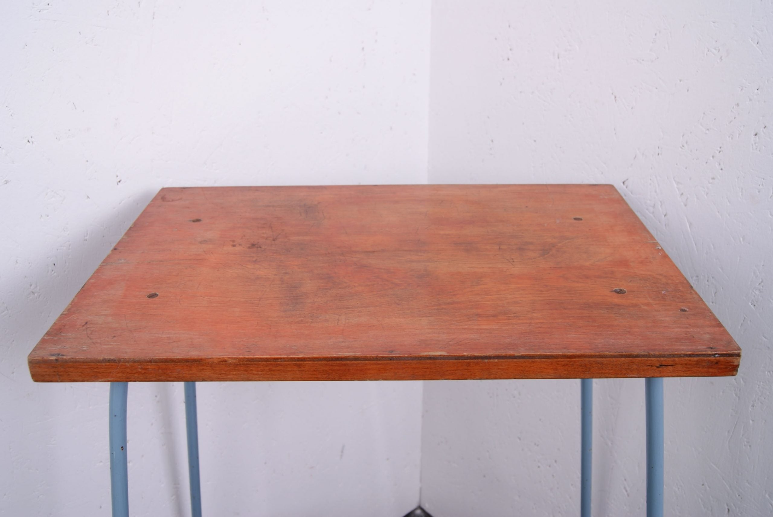 Children's Blue Metal Legged Side Table with Wooden Top