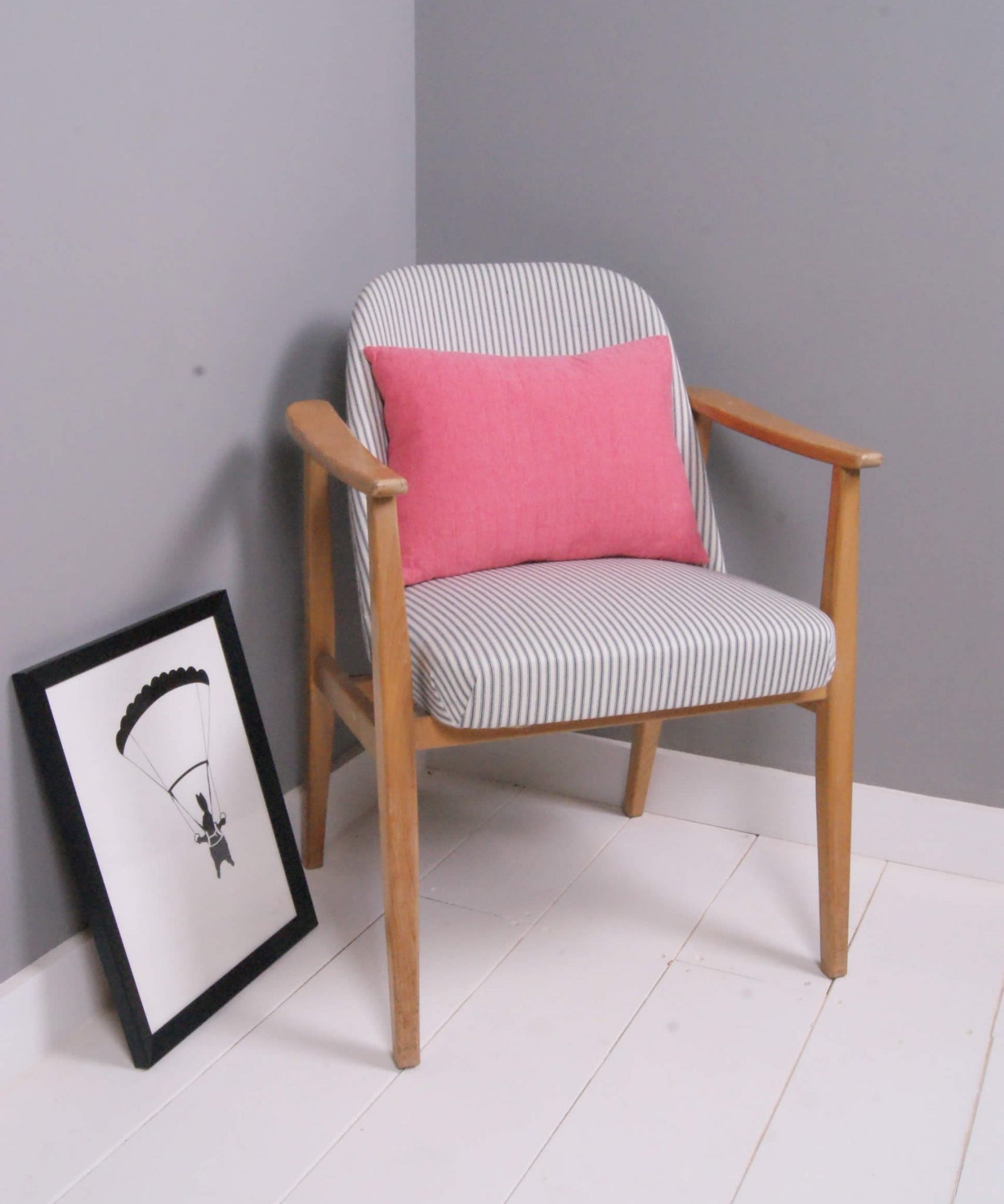 Children's Mid Century Blue Ticking Armchair