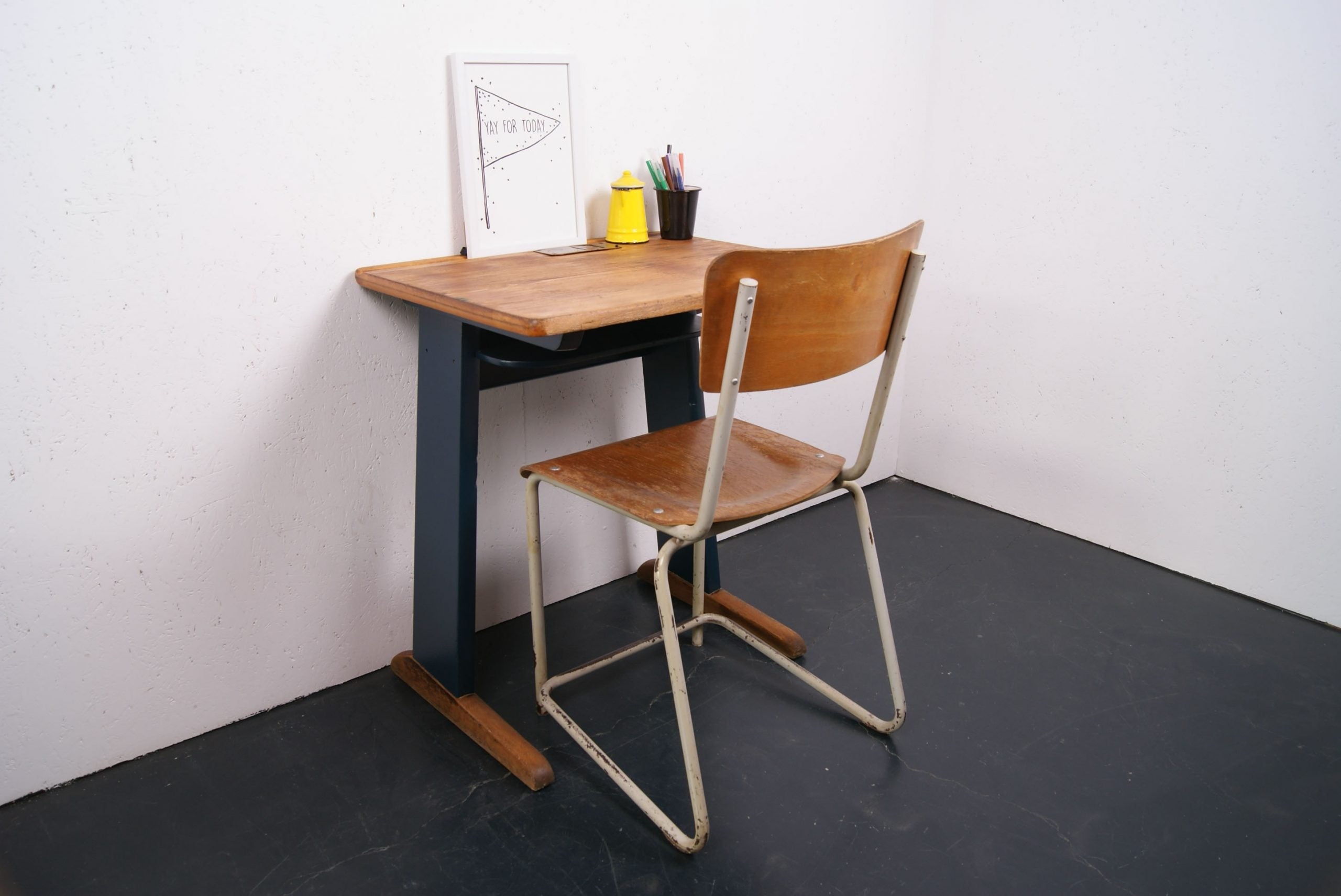Children's Vintage French Single School Desk with Blue Legs