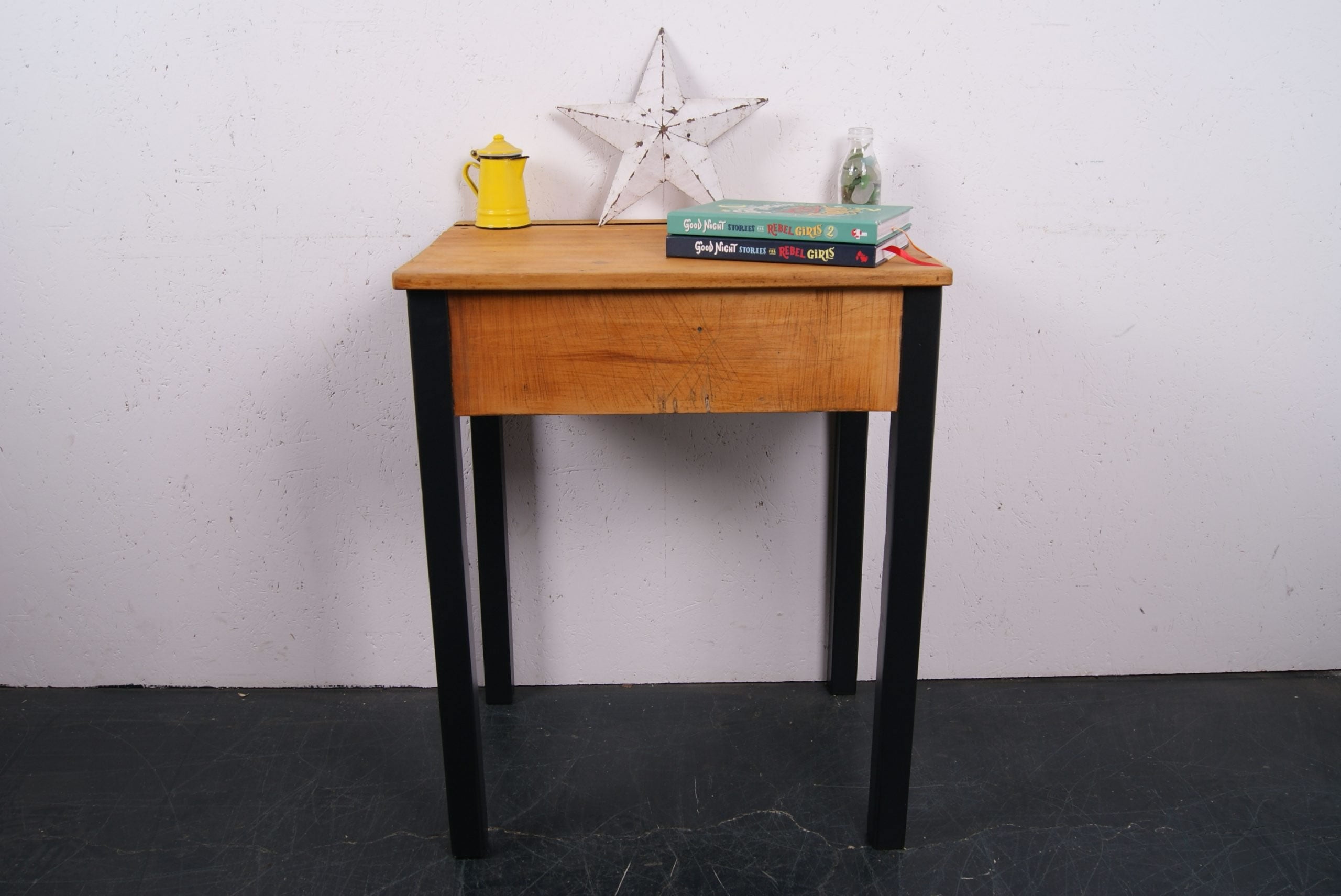 Children's Wooden School Desk with Black Legs and Green Hinges