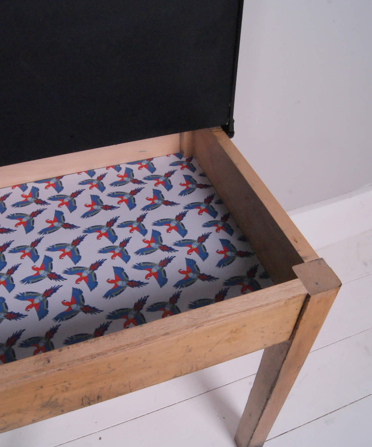 Children's Vintage Single School Desk with Chalkboard Lid and Parrot Lined Base