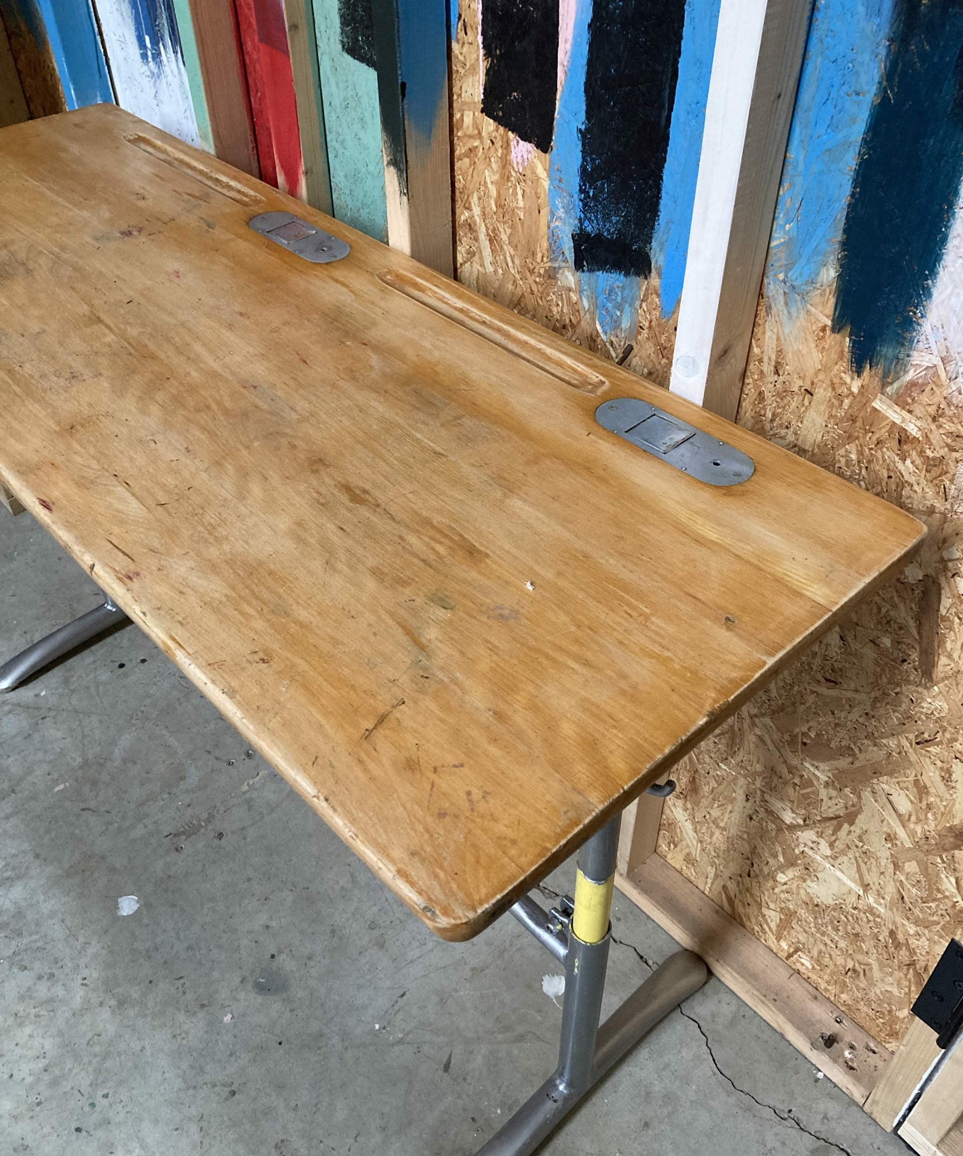 Adjustable Metal Legged Double French School Desk with Shelf