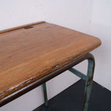 Children's French Double School Desk with Green Metal Legs and Inkwells