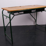 Children's French Green Metal Legged Double Desk with Shelf