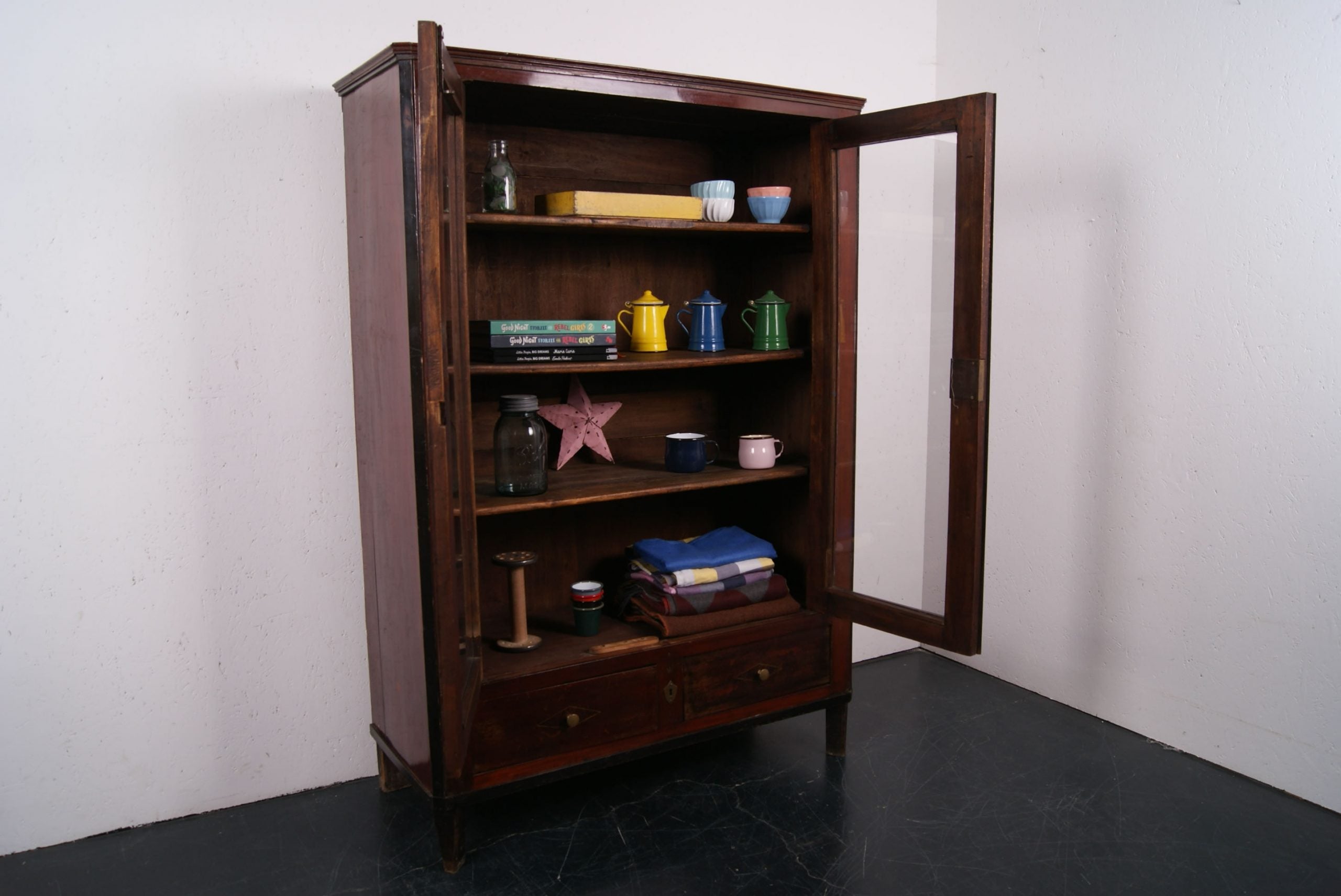 Wooden Cabinet with Glass Doors and Ebony Trim