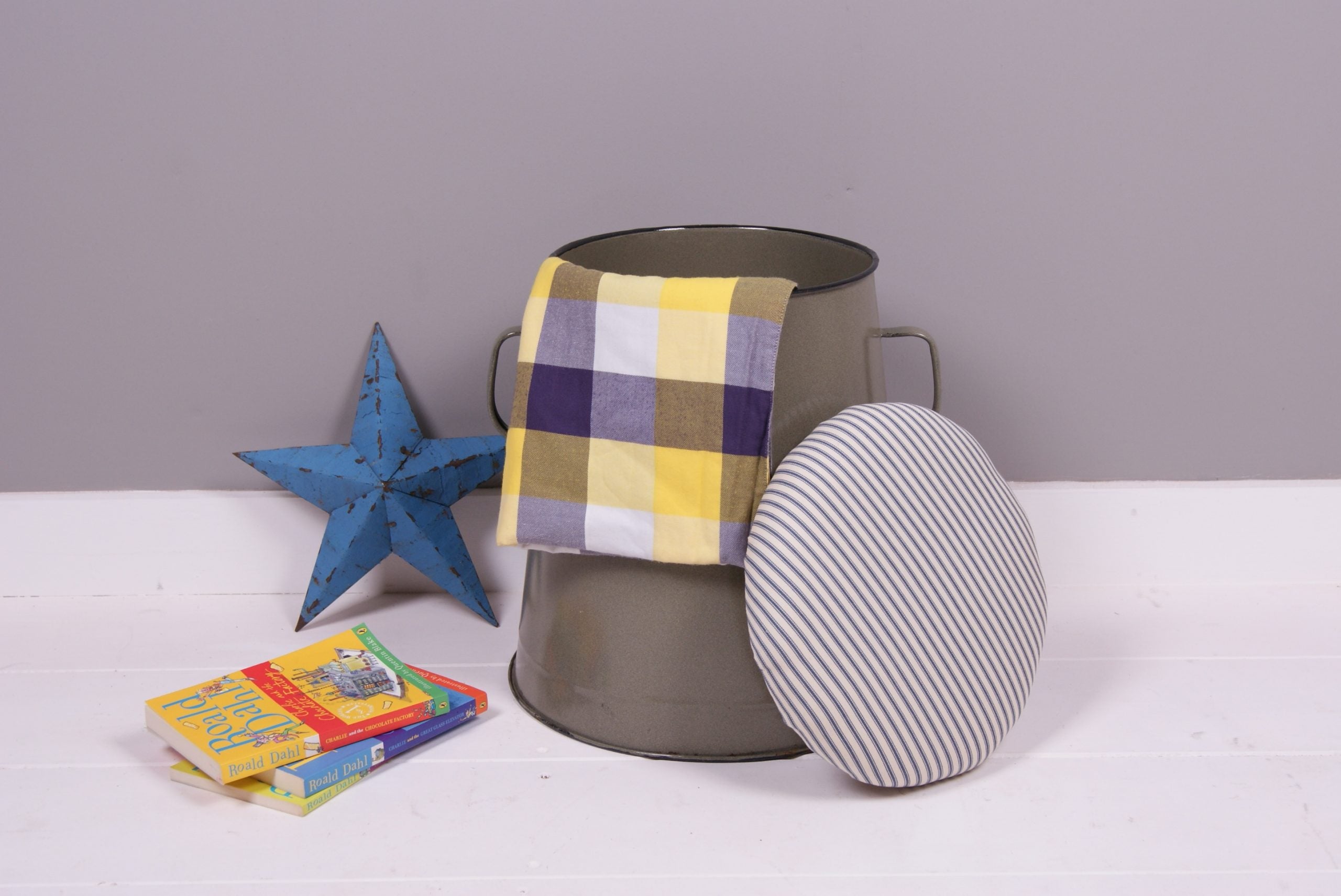 Medium Grey Maggie with Blue Ticking Removable Seat Pad
