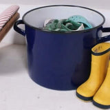 Children's Blue Enamel Pot Seat with Red Ticking Lift off Lid