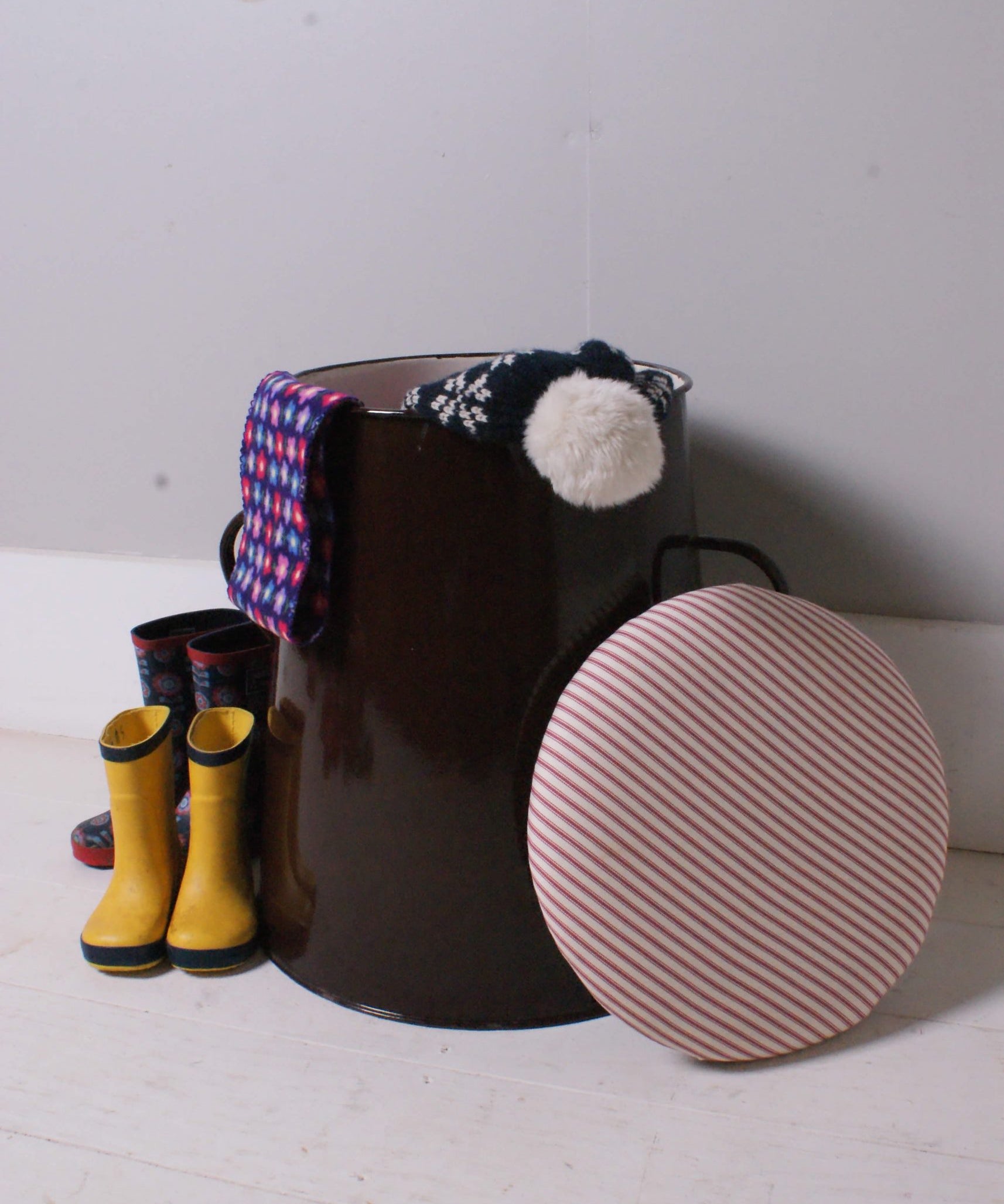 Children's Brown Enamel Pot Seat with Red Ticking Lift off Lid