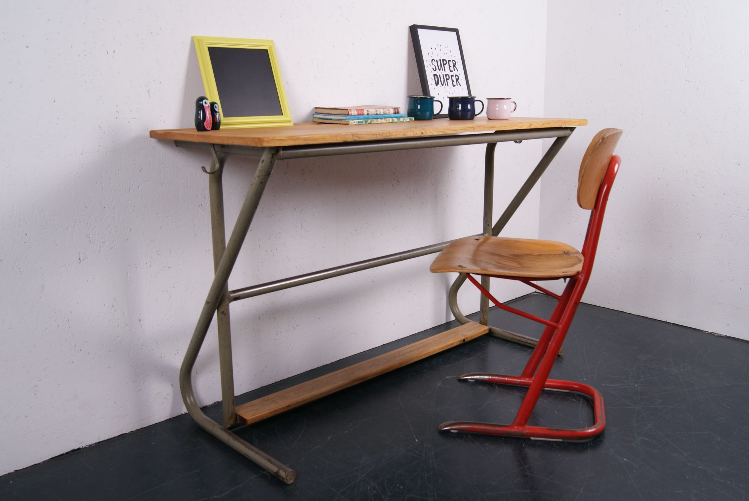 Children's French Double Desk with Grey Metal Frame