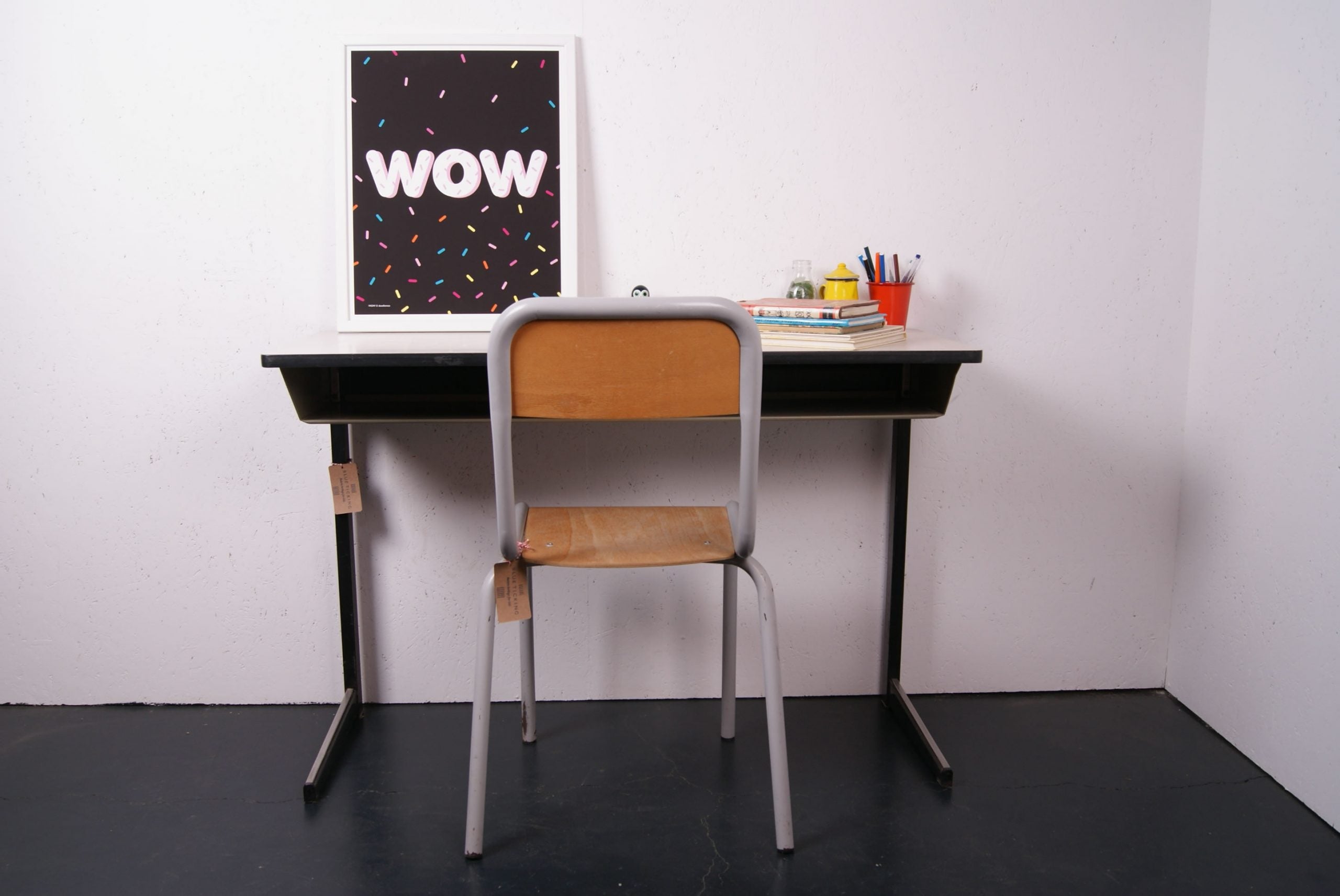 Children's Vintage French Double School Desk with Metal Legs and Formica Top
