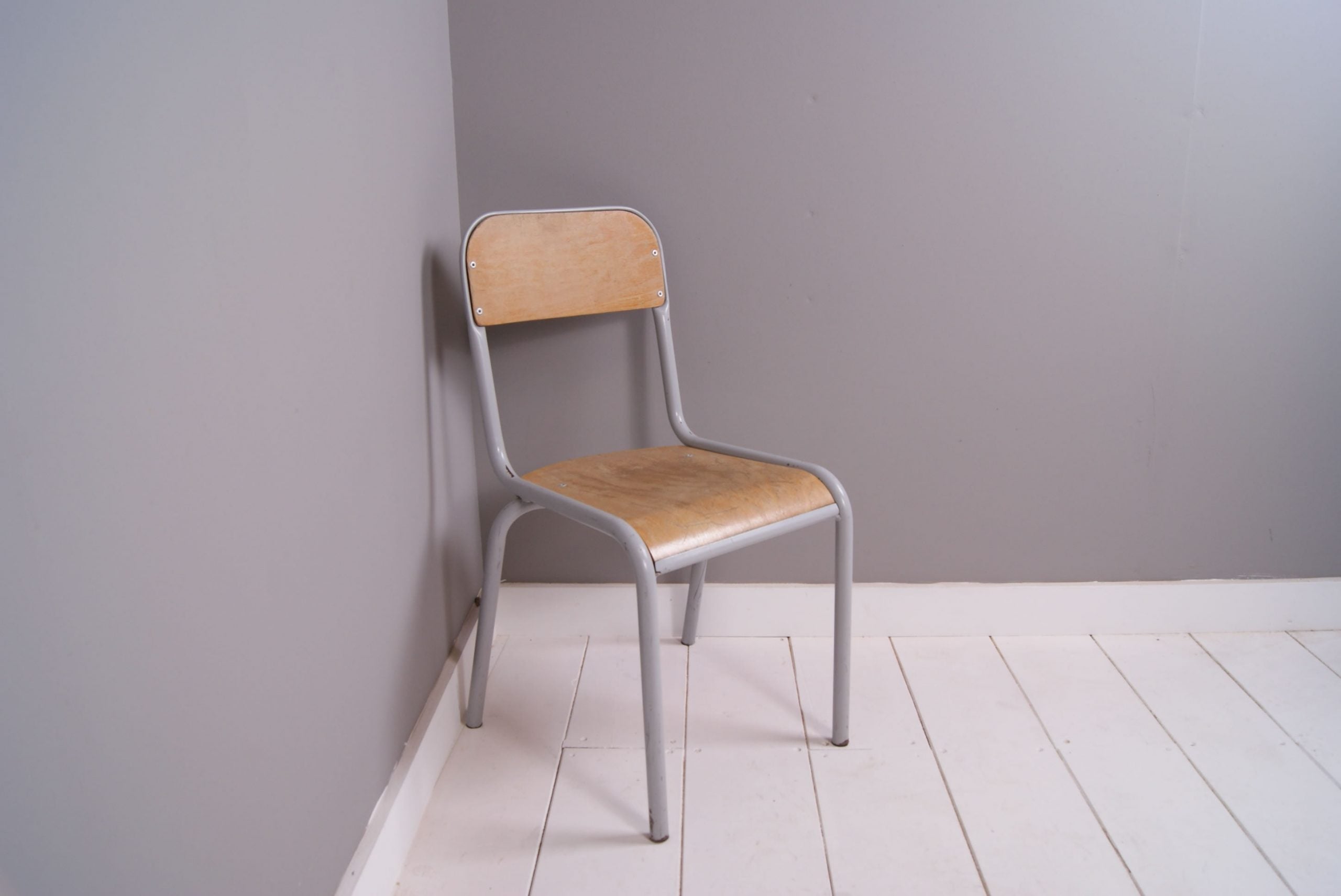 Children's Vintage French Stackable Grey Metal Legged Chairs