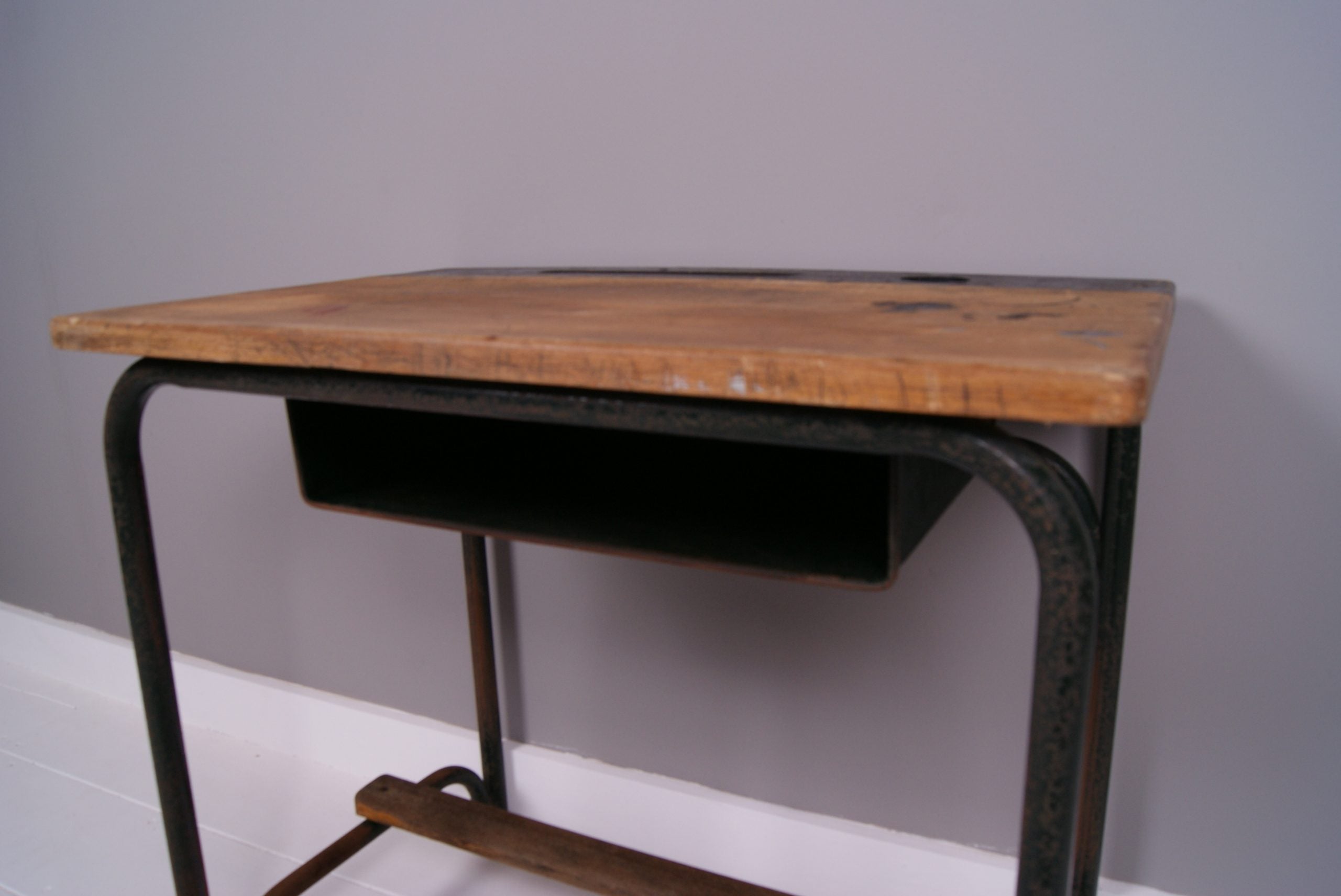 Children's Vintage French School Desk with Metal Legs and Shelf