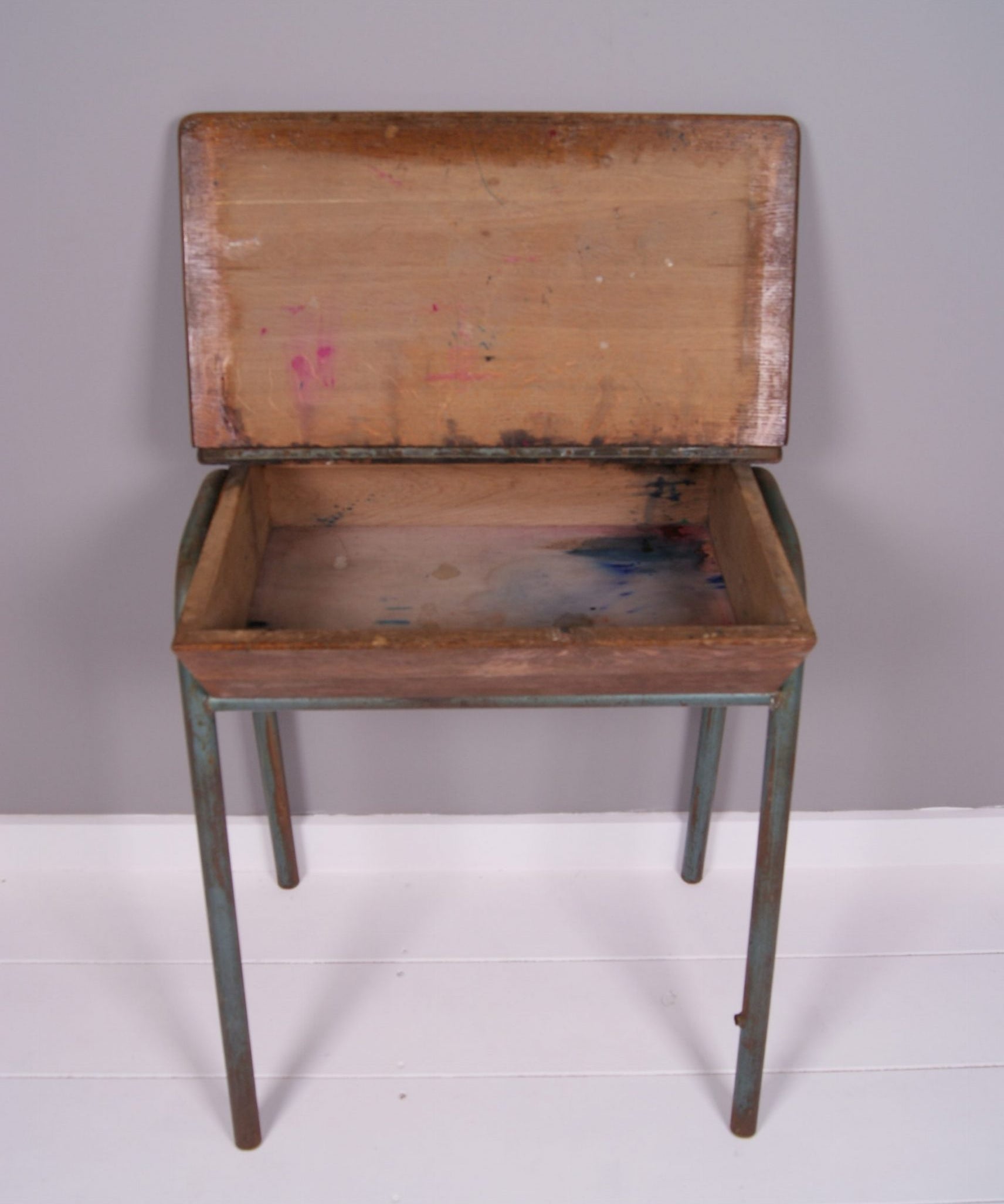 Children's Vintage French School Desk with Metal Legs and Lift up Lid