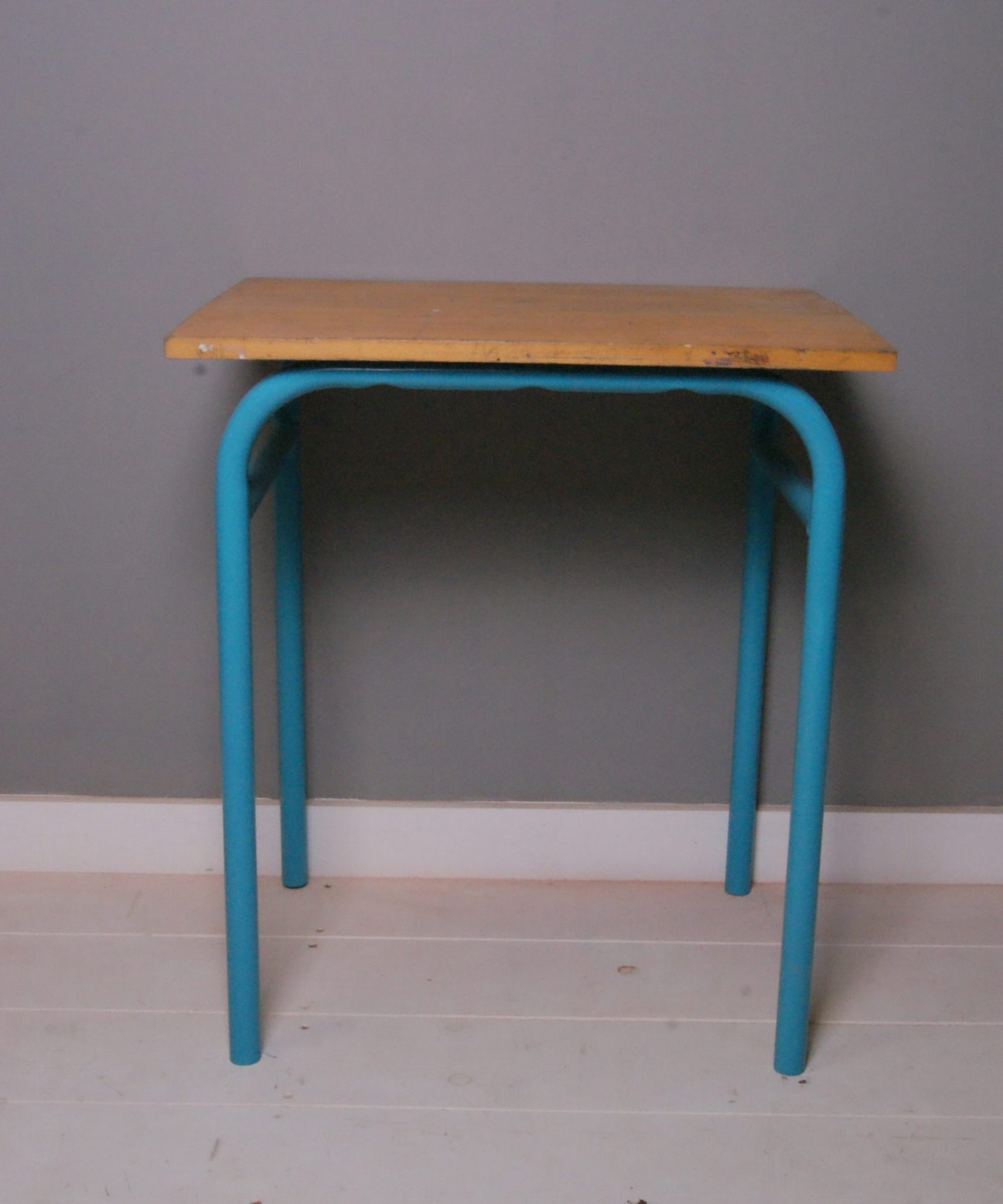 Children's Vintage French School Table/Desk with Turquoise Tubular Legs