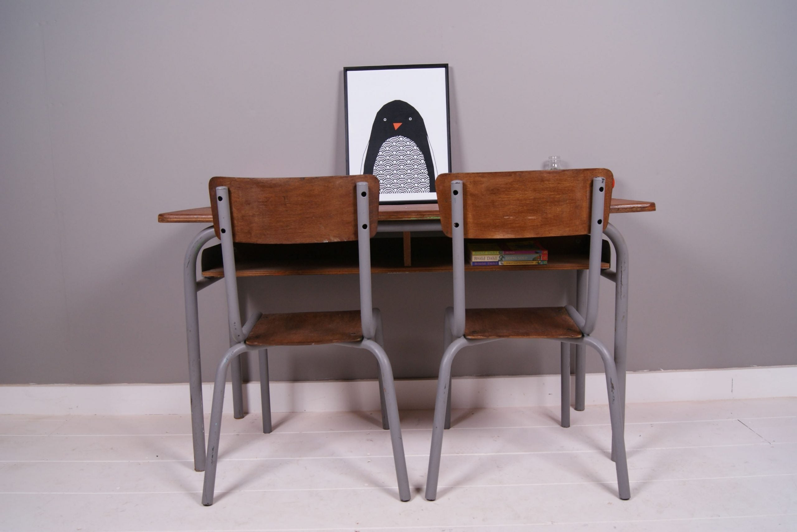 Children's Vintage French Grey Double Desk with Shelf