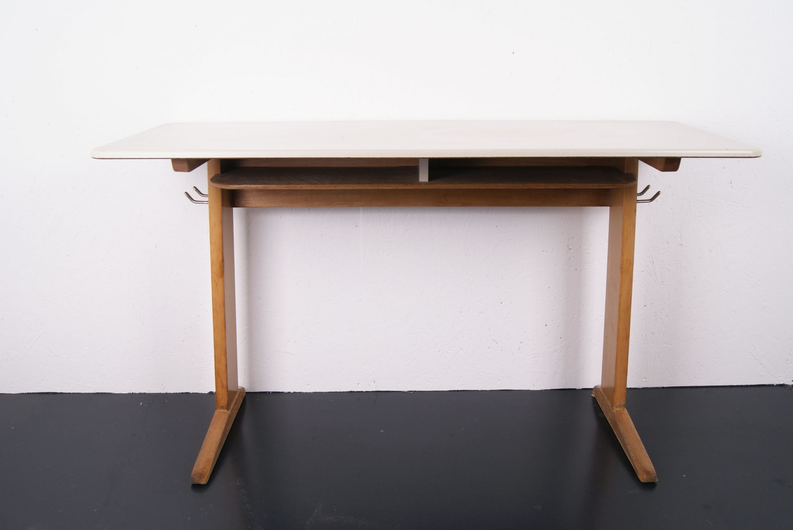 Children's French Double Desk with Wooden Legs and White Top