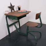 Children's Green Metal Legged Adjustable Desk and Attached Chair