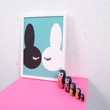 Children's Teal Kissing Bunnies Print by Wonder & Rah