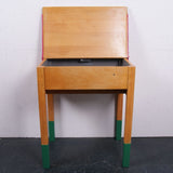 Children's Wooden School Desk with Dipped Green Legs and Pink Hinges