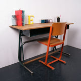 Children's French Double School Desk with Green legs, footrest and shelf