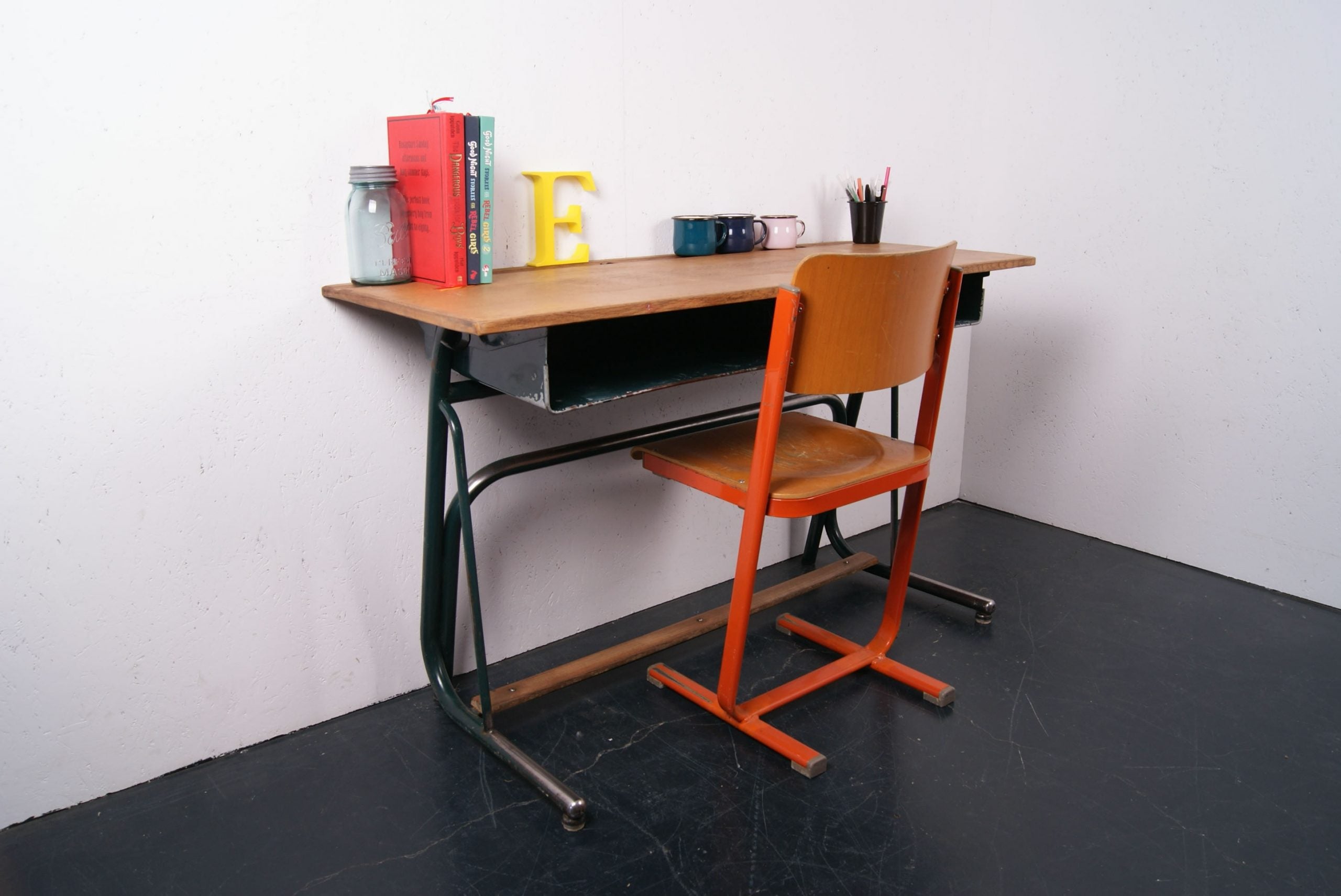 Children's French Double School Desk with Green legs, footrest and shelf