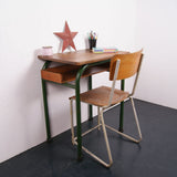 Children's French Single School Desk with Green Legs and Wooden Shelf