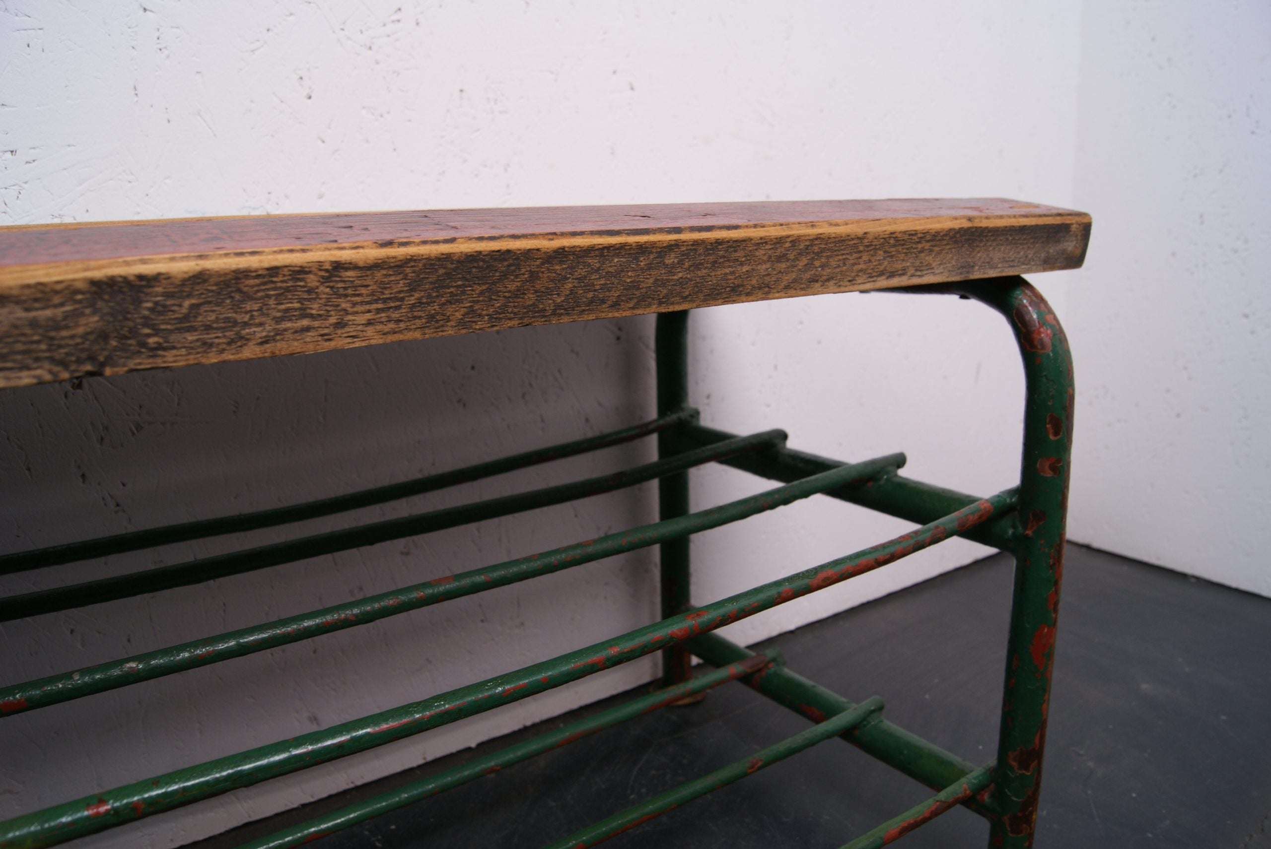 Children's Green Metal Legged Bench with Slatted Wooden Top