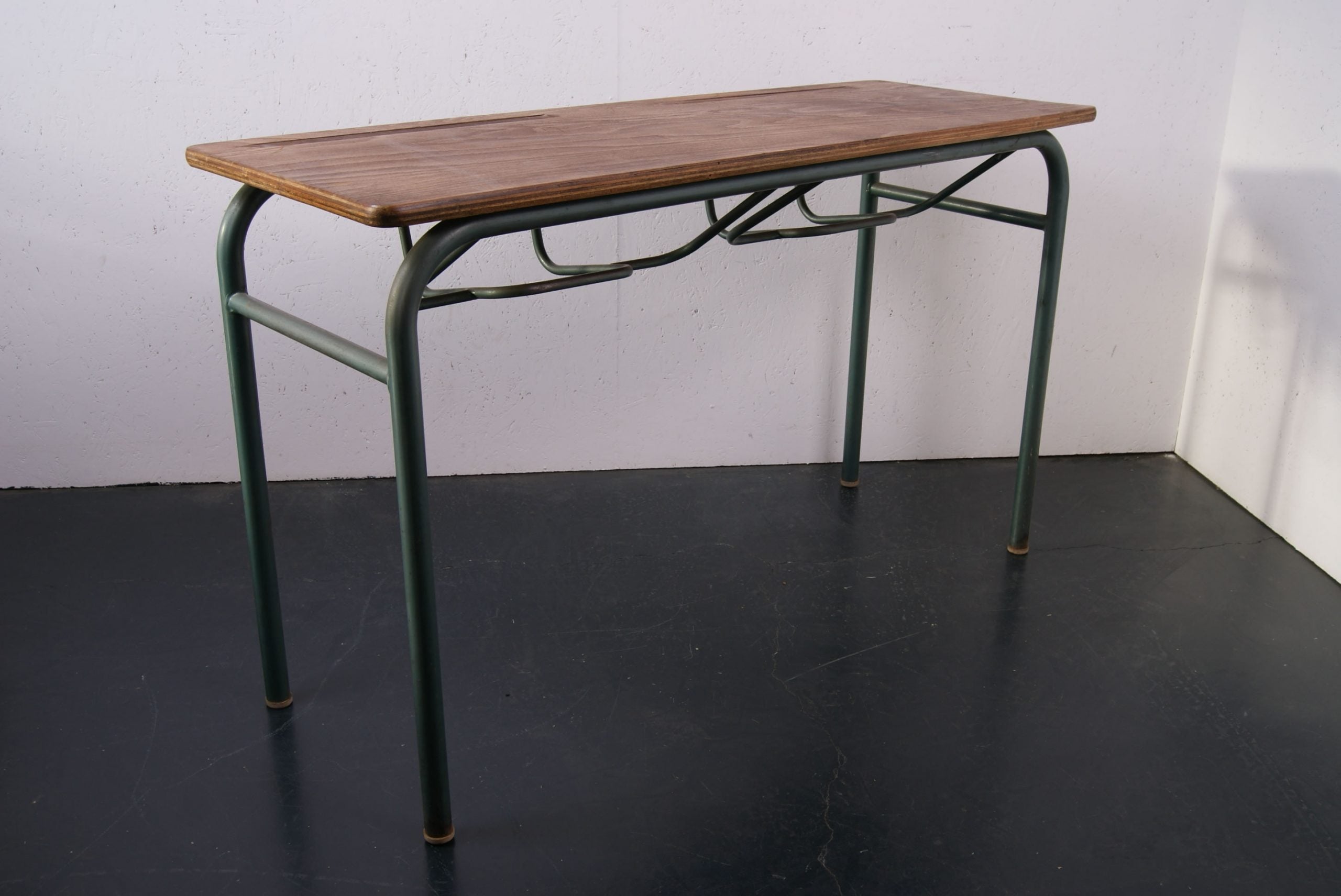 Children's French Green Metal Legged Double Desk with Book Racks