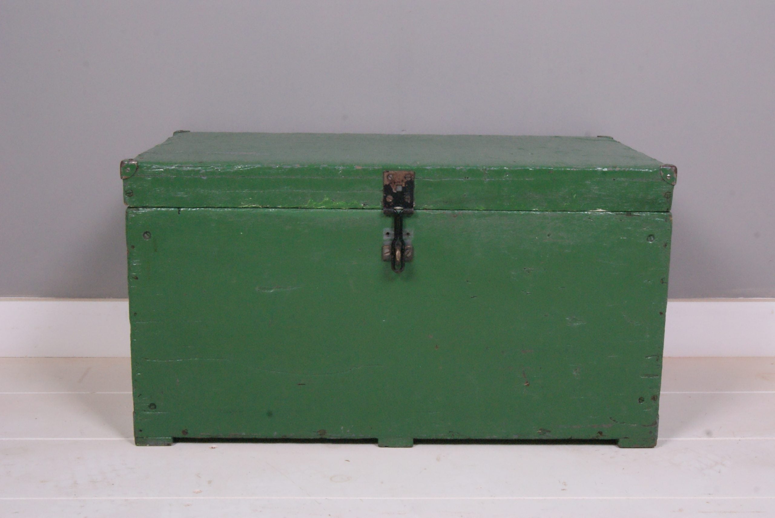 Children's Green Wooden Storage Chest with Blue Ticking Base