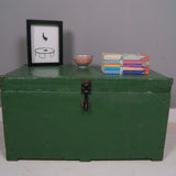 Children's Green Wooden Storage Chest with Blue Ticking Base