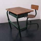 Children's Green Metal Legged Adjustable Desk and Attached Chair