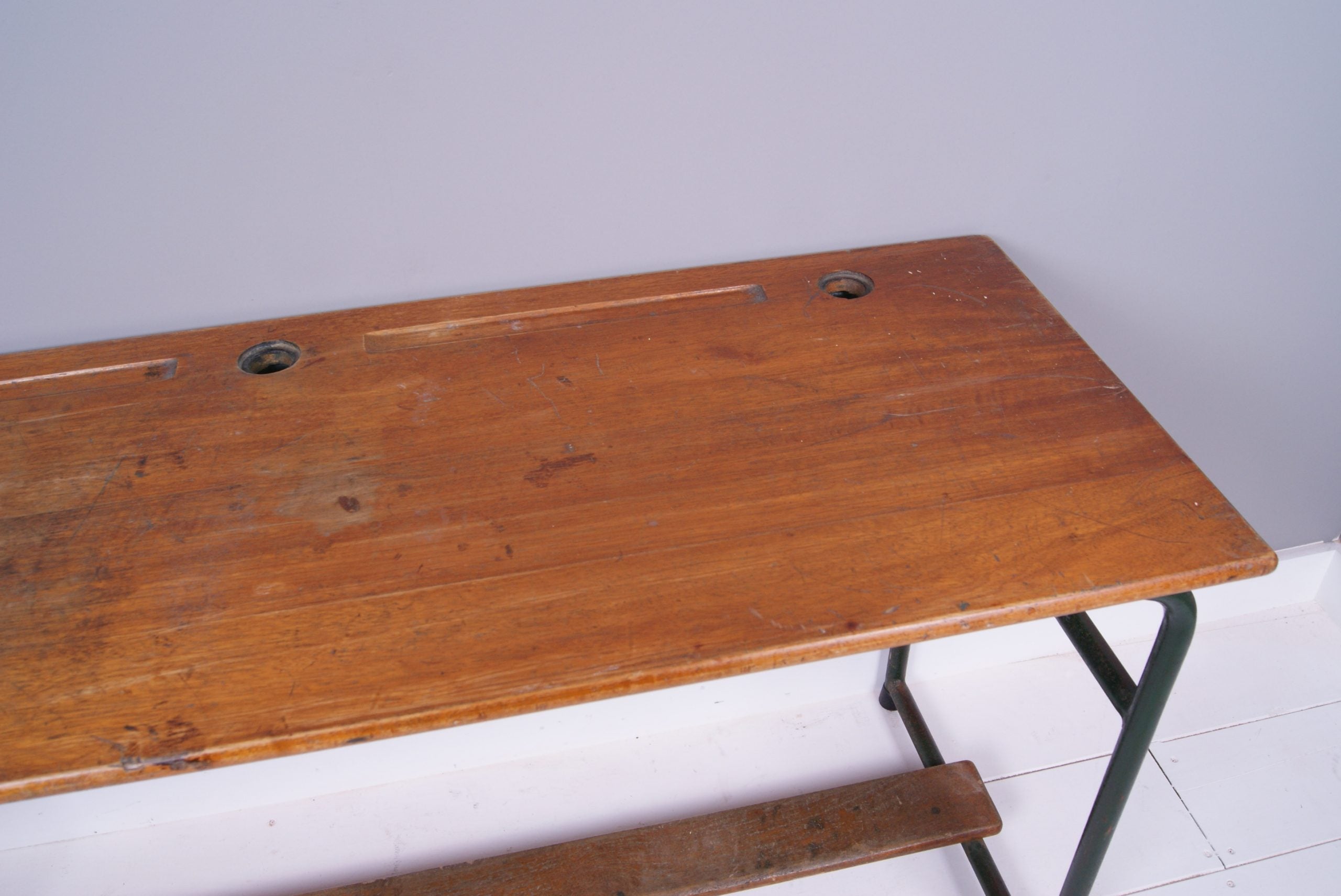 Children's Vintage French Double Desk with Wooden Shelf and Footrest