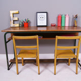 Children's Vintage French Double Desk with Wooden Shelf and Footrest